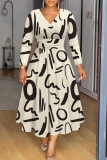 Leopard Casual Graphics Print V Neck Long Sleeve Vacation Pleated Midi Dresses