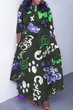 Dark Blue Casual Graphics Print O Neck 3/4 Sleeve Belted Pockets Long Vacation Pleated A Line Maxi Dresses