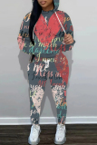 Dark Gray Letter Print Long Sleeve Hooded Sweatshirt And Drawstring Pants Sportwear Casual Two Pieces Sweatpant Set