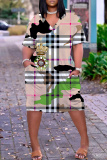 Rose Red Graphcics Print V Neck Short Sleeve Loose Pockets Casual Outing Midi T-Shirt Dress