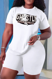 White Casual Graphics Print O Neck Short Sleeve Graphics T-shirt And Shorts Two Pieces Shorts Sets