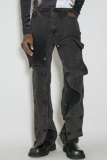 Black High Waist Straight Detachable Concealed Buttons Casual Irregular Denim Jeans