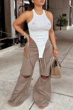 Khaki Casual Zipper High Waist Distressed Wide Leg Sweatpants