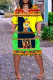 Multicolor Graphcics Print V Neck Short Sleeve Loose Pockets Casual Outing Midi T-Shirt Dress