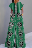 Dark Green Casual Boho Graphcis Print V Neck Short Sleeve Vacation Wide Leg Jumpsuits