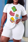 White Casual Graphics Print O Neck Short Sleeve Graphics T-shirt And Shorts Two Pieces Shorts Sets
