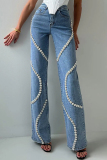 Blue Rhinestone Decor High Waist Casual Straight Leg Denim Jeans