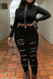 Black Casual Graphcis Print Hollow Out Plus Size Skinny Ripped Denim Jeans