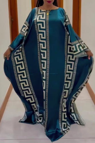 Orange African Boho Print O Neck Batwing Sleeve Casual Vacation Loose Maxi Kaftan Dresses