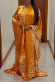 Orange African Boho Print O Neck Batwing Sleeve Casual Vacation Loose Maxi Kaftan Dresses