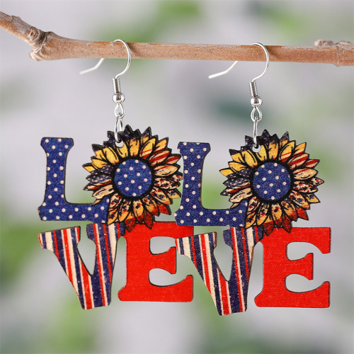 Blue Red Letters American Independence Day Flag Stripes Stars Sunflowers Love Pendant Earrings
