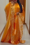 Orange African Boho Print O Neck Batwing Sleeve Casual Vacation Loose Maxi Kaftan Dresses