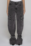 Black High Waist Pocket Casual Denim Cargo Jeans