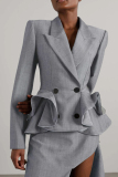 Grey Turn-back Collar Long Sleeve Ruffle Hem Buttons Casual Formal Office Lady Blazer Jackets