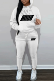White Green Letter Print Long Sleeve Hooded Sweatshirt And Drawstring Pants Sportwear Casual Two Pieces Sweatpant Set