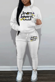 White Green Letter Print Long Sleeve Hooded Sweatshirt And Drawstring Pants Sportwear Casual Two Pieces Sweatpant Set
