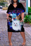 Multicolor Graphcics Print V Neck Short Sleeve Loose Pockets Casual Outing Midi T-Shirt Dress