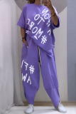 Rose Red Casual Letter Print O Neck Half Sleeve Oversize T-shirt And Wide Leg Pants Sportwear Two Pieces Jogger Sets