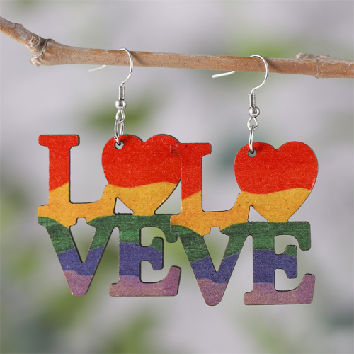 Color Rainbow Heart LOVE Star Pendant Earrings Wooden Double-Sided Earrings