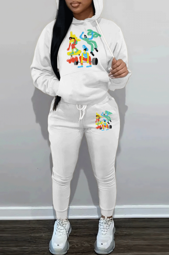 White Green Letter Print Long Sleeve Hooded Sweatshirt And Drawstring Pants Sportwear Casual Two Pieces Sweatpant Set
