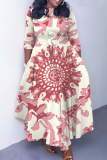 Dark Blue Casual Graphics Print O Neck 3/4 Sleeve Belted Pockets Long Vacation Pleated A Line Maxi Dresses