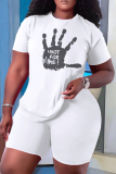 White Casual Graphics Print O Neck Short Sleeve Graphics T-shirt And Shorts Two Pieces Shorts Sets