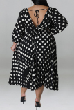 Black Polka Dot Print Square Neck Long Sleeve Belted Waist Casual Vacation Plus Size Flowying Midi Dresses