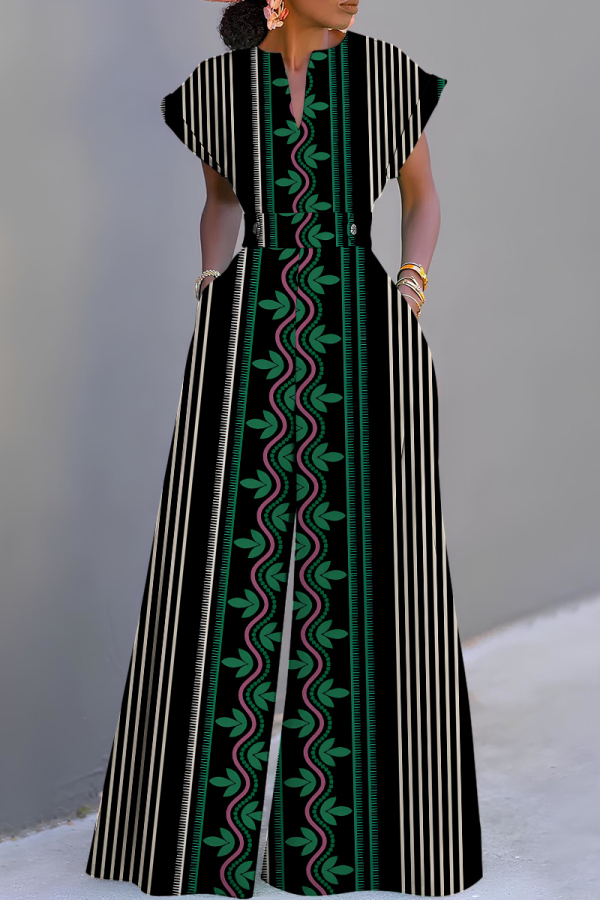 Dark Green Casual Boho Graphcis Print V Neck Short Sleeve Vacation Wide Leg Jumpsuits