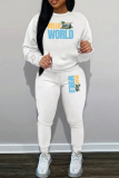 White Pink Letter Print Crewneck Long Sleeve T Shirt and Skinny Pant Casual Outing Two Piece Jogger Set