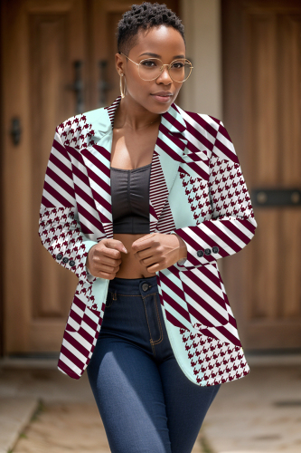Claret Casual Graphics Print Turn-back Collar Long Sleeve Buttons Formal Office Lady Cardigan Blazer Jacket