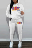 White Green Letter Print Long Sleeve Hooded Sweatshirt And Drawstring Pants Sportwear Casual Two Pieces Sweatpant Set