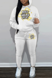 White Green Letter Print Long Sleeve Hooded Sweatshirt And Drawstring Pants Sportwear Casual Two Pieces Sweatpant Set