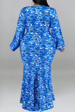 Red Snake Print V Neck Long Sleeve Mermaid Hem Long Casual Vacation Plus Size Maxi Dresses