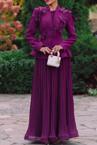Purple 3D Butterfly Decor V Neck Long Sleeve Blazer Jackets and Pleated Maxi Skirt Formal Evening Party Prom Two Pieces Dress Sets