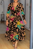 Leopard Casual Graphics Print V Neck Long Sleeve Vacation Pleated Midi Dresses