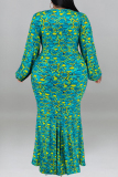 Red Snake Print V Neck Long Sleeve Mermaid Hem Long Casual Vacation Plus Size Maxi Dresses