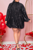 Black Sequins Bow Decor O Neck Long Sleeve Casual Long Formal Evening Party Prom Shimmer Mini Dresses