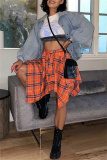 Orange Plaid Print High Waist Irregular Hem Belted Casual Mini Skirt