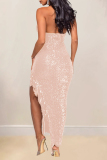 Red Evening Party Gown Sleeveless Sequin V Neck Fringed Trim Irregular Hem Formal Evening Party Prom Bodycon Maxi Dresses