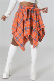 Orange Plaid Print High Waist Irregular Hem Belted Casual Mini Skirt