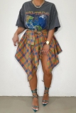 Orange Plaid Print High Waist Irregular Hem Belted Casual Mini Skirt