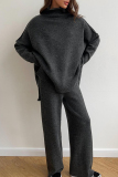 Light Khaki Turtleneck Long Sleeve Knitted Sweater Tops And Wide Leg Pants Casual Two Pieces Trouser Sets
