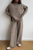 Light Khaki Turtleneck Long Sleeve Knitted Sweater Tops And Wide Leg Pants Casual Two Pieces Trouser Sets