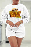 White Blue Letter Print O Neck Long Sleeve Sweatshirt and Shorts Casual Sportwear Two Pieces Outfits