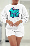 White Blue Letter Print O Neck Long Sleeve Sweatshirt and Shorts Casual Sportwear Two Pieces Outfits