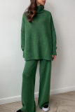 Light Khaki Turtleneck Long Sleeve Knitted Sweater Tops And Wide Leg Pants Casual Two Pieces Trouser Sets