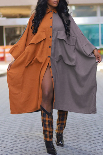 Orange Colorblock Turndown Collar Pocket Buttons Casual Vacation Loose Midi Shirt Dresses
