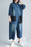 Blue O Neck 3/4 Sleeve Pocket Buttons Casual Plus Size Denim Wide Leg Jumpsuits