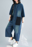 Blue O Neck 3/4 Sleeve Pocket Buttons Casual Plus Size Denim Wide Leg Jumpsuits
