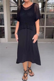 White O Neck Half Sleeve Hollow Out Knit Tops And Maxi Dress Vacation Casual Two Pieces Dress Sets